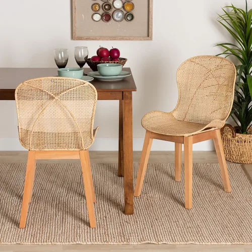 Miniatura 7 de Baxton Studio Sabelle Japandi - Juego de 2 sillas de comedor de caoba y ratán marrón natural