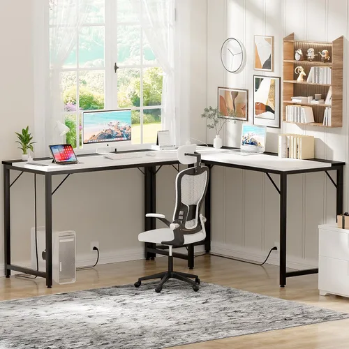 Miniatura 7 de iSunirm Escritorios para computadora de 55 pulgadas con tomas de corriente y puertos de carga USB, escritorio de oficina moderno para espacios