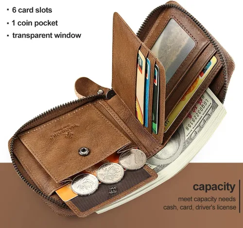 Miniatura 3 de MANBANG Cartera de piel auténtica para hombre con bloqueo RFID con cremallera Hecho a mano caqui