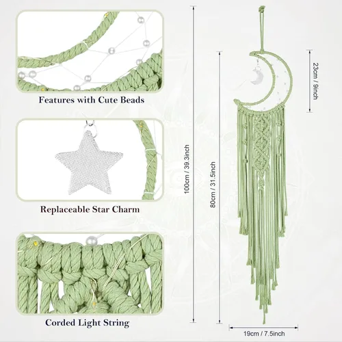 Miniatura 7 de ANROYE Colgante de pared tejido de macramé bohemio, crochet, luna creciente, estrella, atrapasueños con borla larga, algodón verde, hecho a mano