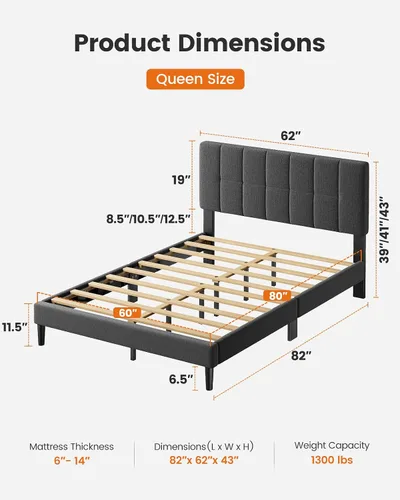 Miniatura 6 de Pipishell - Base de cama Queen con 12 patas engrosadas y cabecero tapizado en tela, capacidad de peso de 1300 lbs, cabecero ajustable, no necesita