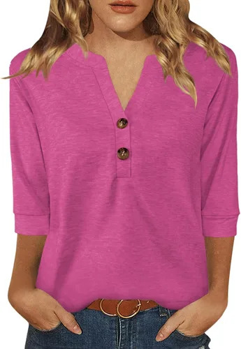 Miniatura 17 de Dimur Camisetas de manga 3/4 con cuello en V y botones para mujer, traje casual de negocios, camiseta básica de verano 2025