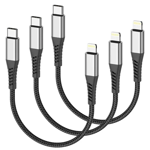 Cable corto USB C a Lightning de 6 pulgadas, paquete de 3 cables cortos de 0.5 pies para iPhone PD de carga rápida para iPhone 14, 13, 12, 11 Pro
