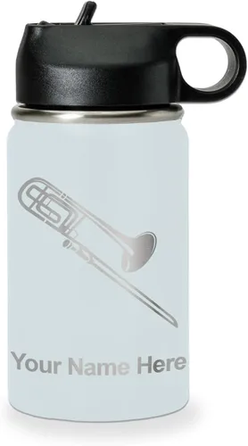Miniatura 65 de LaserGram Botella de agua personalizada, trombón, acero inoxidable de doble pared aislada al vacío con popote superior, regalo grabado personalizado