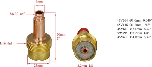 Miniatura 2 de RIVERWELD Cuerpo de pinza de lente de gas TIG de gran diámetro Jumbo 45V Series 45V116 1/16 "45V64 3/32" 995795 1/8" 45V63 5/32" Fit SR WP 17 18 26