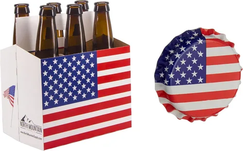 North Mountain Supply Paquete de 6 botellas de cerveza y soda de 12 onzas, diseño de bandera estadounidense, paquete de 10 con 144 tapas de corona