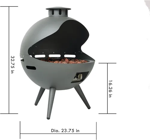 Miniatura 5 de Chimenea de gas exterior de 24 pulgadas, fogata de propano de 55,000 BTU con rocas de lava y cubierta de lluvia, hoguera semiesférica de 3 patas