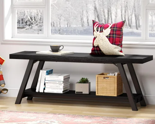Miniatura 8 de LVB Banco Negro, Banco de Almacenamiento Moderno para Dormitorio, Banco de Madera y Metal para Entrada de Pasillo, Comedor, Sala de Estar, Banco