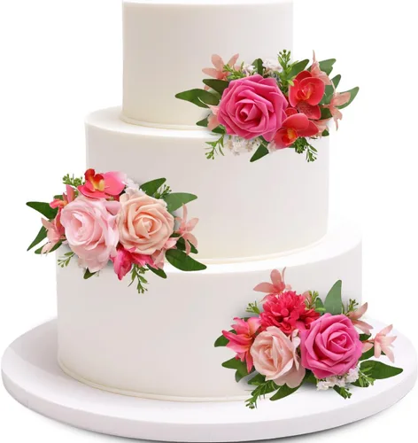 Marriwise 3 piezas de flores prefabricadas, decoración de pastel de boda rosa baya, decoración de flores artificiales para boda, ceremonia,