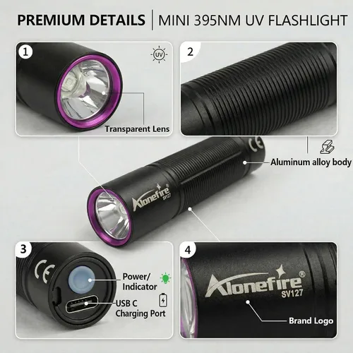 Miniatura 3 de ALONEFIRE SV127 Mini 395nm Linterna UV USB C recargable Blacklight Woods Lámpara Detector de Dinero Luz Negra para Detetector de Orina de Mascotas