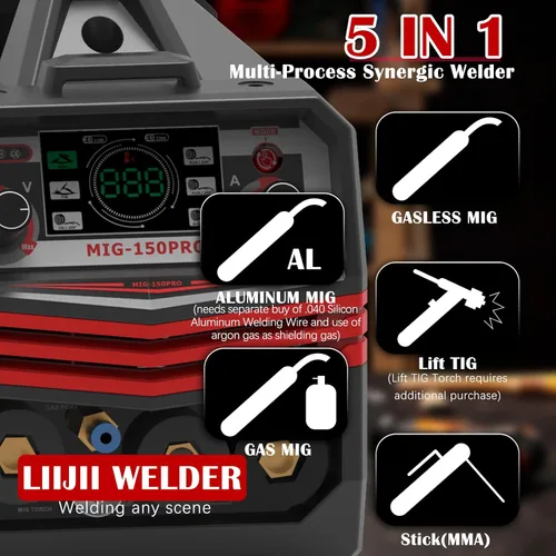 Miniatura 2 de Soldador MIG de Aluminio con Pulso, Máquina de Soldadura de 150A 110/220V de Doble Voltaje, Soldador Multiproceso 5 en 1 de MIG de Aluminio/MIG