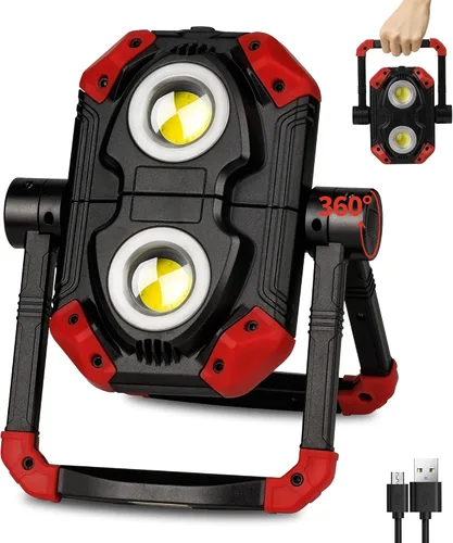 Luz de trabajo LED recargable, 2 COB 2500LM Luz de inundación portátil plegable con base magnética y soporte de rotación de 360°, focos impermeables