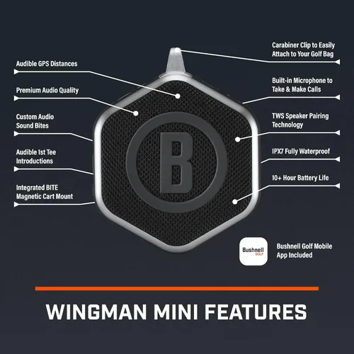 Miniatura 4 de Bushnell Golf Wingman Mini altavoz GPS – Altavoz de golf Bluetooth ultra portátil con distancias audibles, soporte magnético para carro