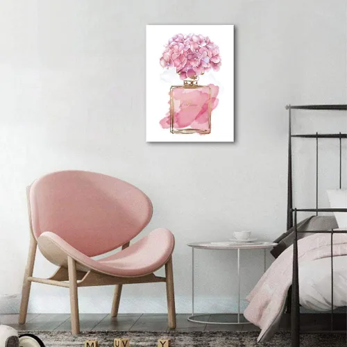 Miniatura 4 de Arte de pared de flores rosadas, lienzo de moda, cuadros de decoración de pared para dormitorio de niñas, acuarela, hortensia, lienzo contemporáneo