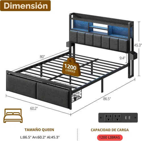 Miniatura 2 de Furnulem Base de cama Queen con cajones de almacenamiento, cabecera tapizada con luz LED y estación de carga, marco de cama de plataforma de metal