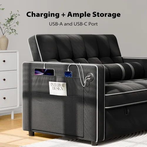 Miniatura 5 de Pipishell - Sofá cama convertible 3 en 1, sofá cama extraíble para sala de estar con puertos USB y bolsillos laterales, respaldo ajustable, de Negro