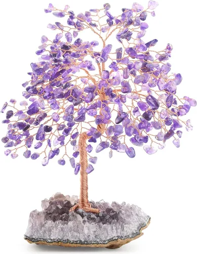 Piedra preciosa natural (406 piedras), árbol de la vida de cristal de amatista, equilibrio de chakras, energía positiva Fengshui, decoración bonsái