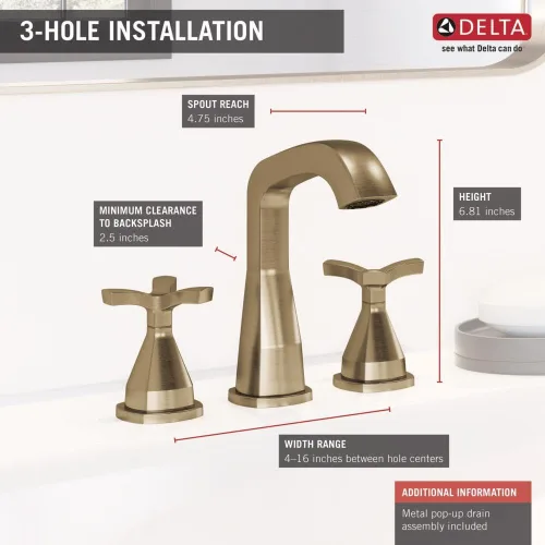 Miniatura 3 de Grifo de Baño Extendido Delta Faucet Stryke de 3 Orificios, Grifo de Baño Dorado con Manijas Cruzadas, Tecnología Diamond Seal, Ensamblaje