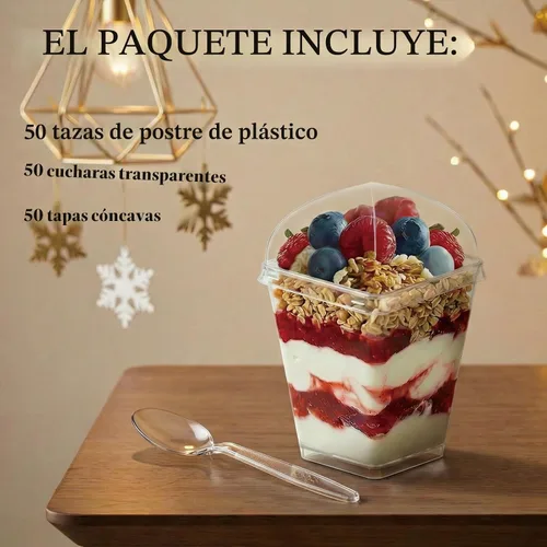 Miniatura 4 de Hiasobre Paquete de 100 vasos de postre de plástico transparente de 5 onzas con tapas y cucharas, tazas cuadradas reutilizables para aperitivos