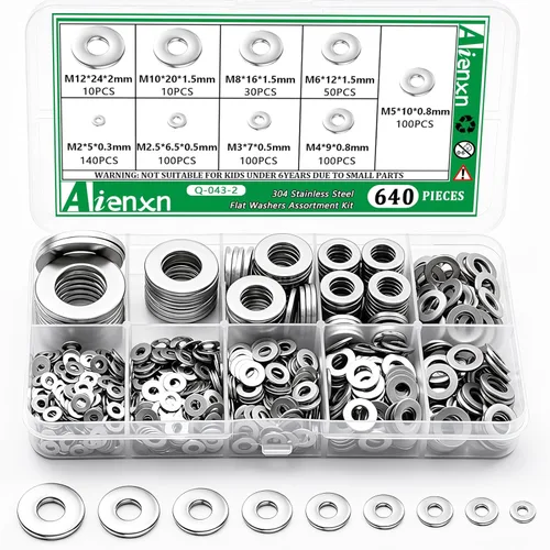 Miniatura 9 de Kit de surtido de 270 piezas de arandelas planas, 8 tamaños SAE -1/2, 3/8, 5/16, 1/4, 12#, 10#, 8#, 6#, (18-8) arandelas de acero inoxidable 304