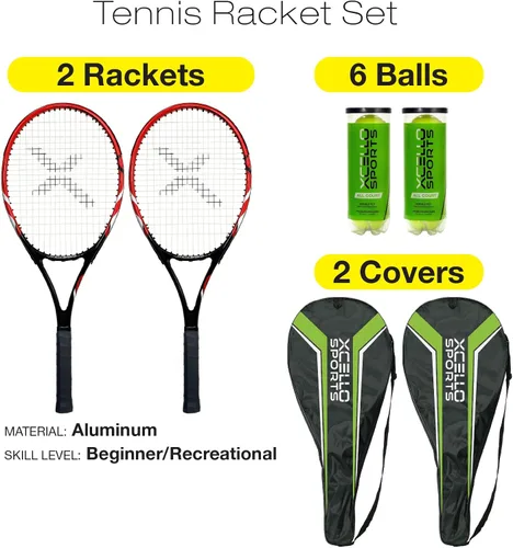 Miniatura 2 de Xcello Sports Juego de raquetas de aluminio de 23 pulgadas (rojo/negro) con 2 tubos de pelotas de tenis y 2 fundas