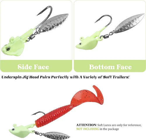 Miniatura 4 de Jig Heads anzuelos de pesca, 10 piezas de Walleye Jigs Spinner Baits Underspin Jig Heads con hoja de sauce colorido pintado resplandor plantillas