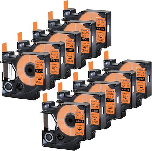 USUPERINK Paquete de 10 etiquetas industriales compatibles con Dymo 18435 negro sobre naranja de 0.472 in 1/2 pulgadas x 18.0 ft, 18 pies,