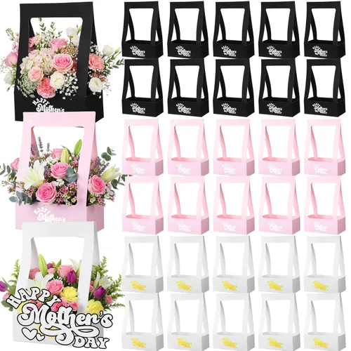 Miniatura 12 de PerKoop 30 cajas de flores para el Día de la Madre para arreglos de ramo de flores, bolsas de regalo con asa, embalaje impermeable, envoltura