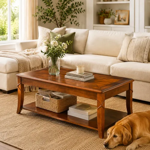Miniatura 4 de Mesa de centro de madera maciza con estante de almacenamiento, mesa de centro rectangular moderna de mediados de siglo para sala de estar, mesa