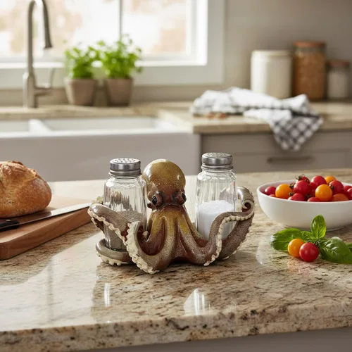 Miniatura 2 de Comfy Hour Dúo decorativo de salero y pimentero de pulpo, hecho a mano artesanal, soporte para mesa de cocina, incluye 2 botellas de vidrio, resina