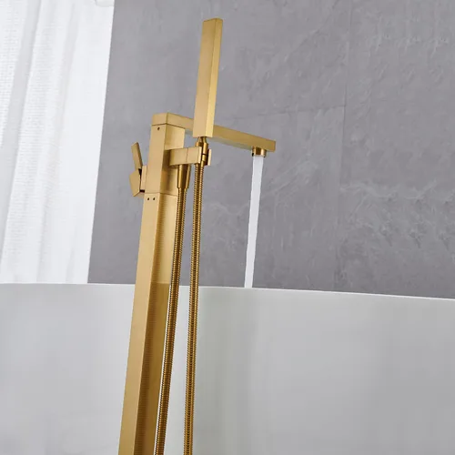 Miniatura 5 de Wowkk Grifo de bañera independiente, relleno de bañera de oro cepillado, montaje en piso, grifos de baño de latón con una sola manija con ducha