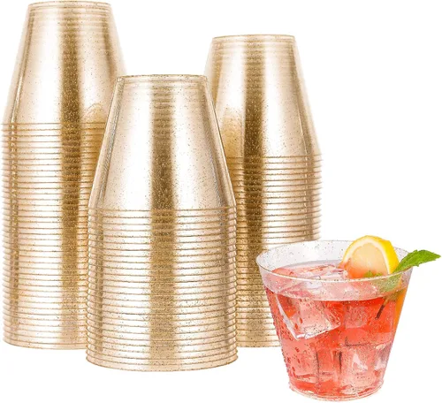 JOLLY CHEF Paquete de 100 vasos de plástico dorados de 9 onzas, vasos de plástico desechables con purpurina dorada perfectos para bodas, Acción de