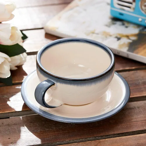 Miniatura 5 de Coffeezone Diseño Vintage 12 oz Taza de Barista de Café con Leche con Platillo para Arte de Café con Leche en Cerámica (Beige)