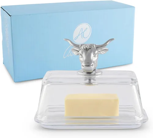 Miniatura 7 de Arthur Court Mantequillera de vidrio con tapa con perilla de bellota, diseño clásico de 2 piezas, tapa y sostiene un palo estándar de mantequilla