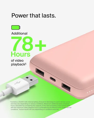 Miniatura 7 de Belkin Cargador portátil, banco de energía USB C de 20000 mAh con 1 puerto USB-C y 2 puertos USB-A, 15 W con cable tipo A a tipo C - iPhone 17, Air