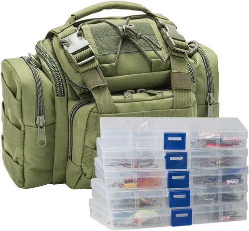 Miniatura 8 de Dr.Fish Bolsa de aparejos de pesca 5 cajas con 60 señuelos incluidos Juego de caja de aparejos cargada y equipada Set de señuelos giratorios Equipo