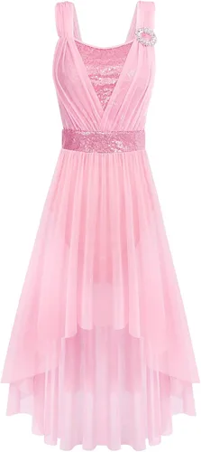 ODASDO Vestido de baile lírico para mujeres adultas, moderno, contemporáneo, con lentejuelas, tul de malla, falda alta y baja, ropa de baile de