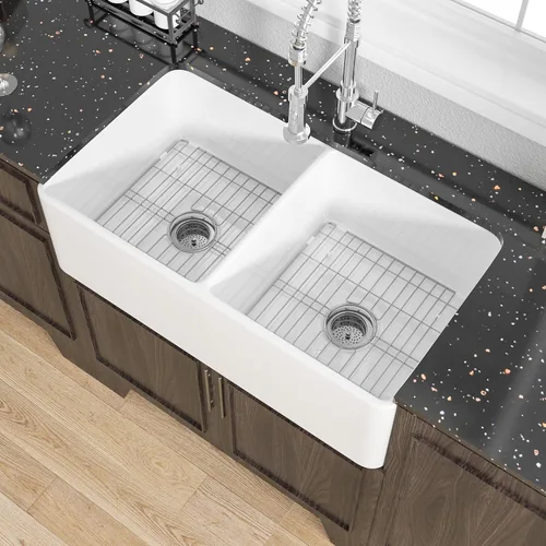 Miuara Fregadero de cocina estilo casa de campo con cuenco doble de 33 pulgadas, fregadero de cocina frontal con delantal blanco, reversible, 33 x