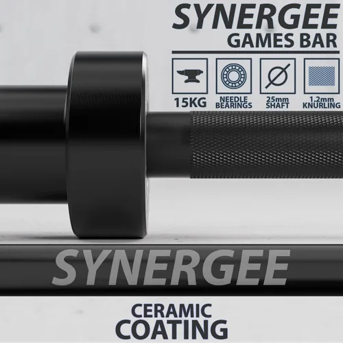 Miniatura 2 de Synergee Games Barras olímpicas recubiertas de cerámica de 15 kg y 20 kg en color. Estimadas en 1500 libras para levantamiento de pesas y potencia.
