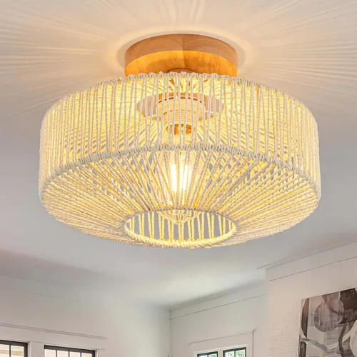 Miniatura 14 de Lámpara de Techo de Ratán Boho - Mini Candelabro de Montaje Empotrado Accesorio de Luz Tejido para Dormitorio, Pasillo, Entrada, Baño, Guardería