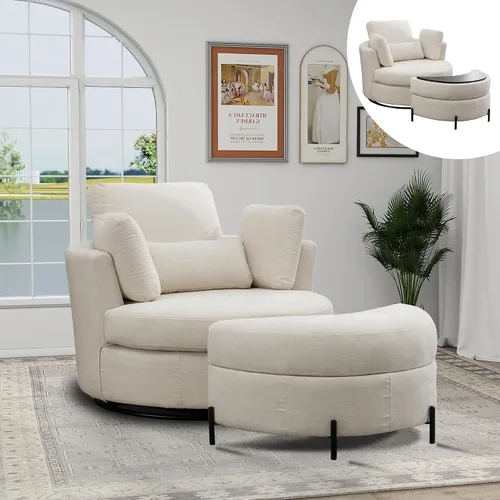 Miniatura 27 de Chifee & Vingol Silla decorativa giratoria de gran tamaño de 40.35 pulgadas, silla redonda tapizada de barril con almohadas, sillas giratorias
