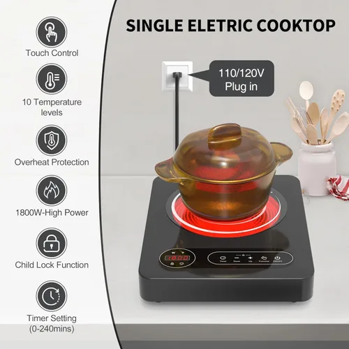 Miniatura 4 de VBGK Cocina eléctrica de un solo quemador, estufa eléctrica de 110 V 1800 W con control táctil LED, 10 niveles de potencia, temporizador de 4 horas