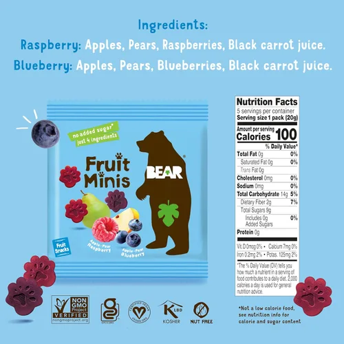 Miniatura 2 de BEAR Mini bocado de frutas real, frambuesa/arándano, bocadillos de tamaño mordido para niños, sin gluten, vegano, sin OMG, 0.7 onzas (paquete de 18)