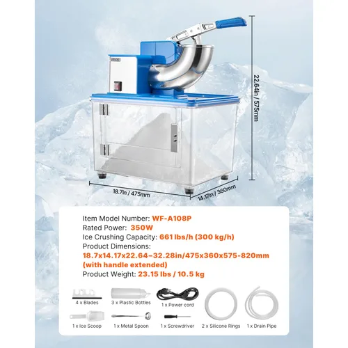 Miniatura 7 de VEVOR - Trituradora de hielo eléctrica comercial de 110 V, 661 libras/hora; certificación ETL, máquina eléctrica de granizado de 300 W, cuchillas