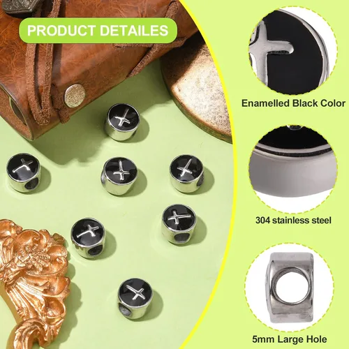 Miniatura 3 de LiQunSweet 10 cuentas europeas de acero inoxidable esmaltadas negras de 0.197 in con agujero grande, cuentas planas redondas cruzadas espaciadoras