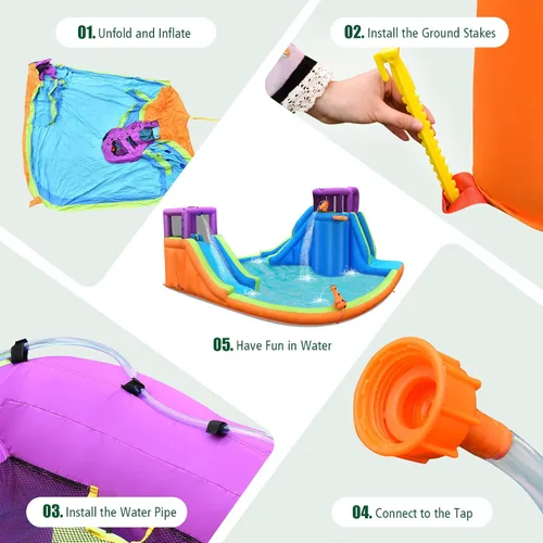 Miniatura 6 de BOUNTECH - Parque acuático inflable, doble tobogán acuático con pared de escalada, piscina grande para zambullidas, cañón de agua, aro