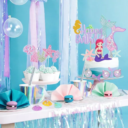 Miniatura 3 de Decoración de pastel de sirena para niña, 30 piezas, figura de sirenita bajo el mar, océano, decoración de tartas, algas, burbujas, estrellas