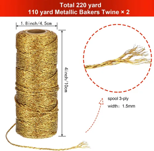 Miniatura 2 de Pangda 2 Rollos 200 Metros Cordel de Navidad Metálico para Panaderos, Cordel Decorativo para Envolver Regalos, Cordel para Manualidades, Cordel