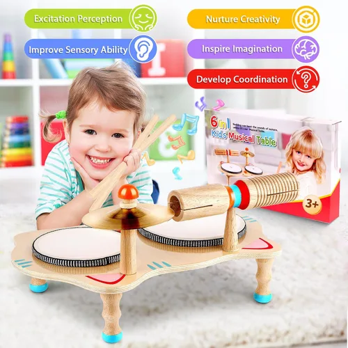 Miniatura 2 de WINGYZ Juego de batería para niños, instrumentos musicales de madera 6 en 1 para niños pequeños de 1 a 3 años, juego de música Montessori para bebés