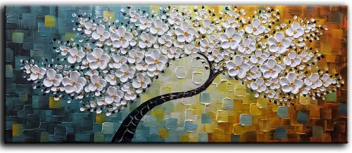 Miniatura 17 de YaSheng Art - Pintura al óleo de arte contemporánea hecha a mano de flores blancas en lienzo con textura 3D, pinturas de árbol abstractas